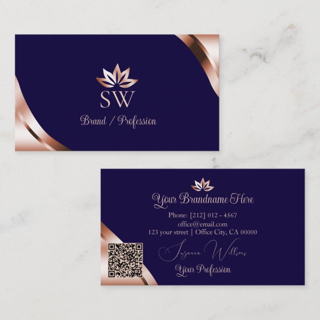 Rosa Goldene Ecken Tiefblau mit Monogramm QR-Code Visitenkarte (Vorne/Hinten)