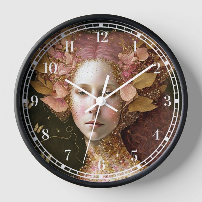 Rosa goldene Fee Fantastische Kunst Uhr (Vorderseite)