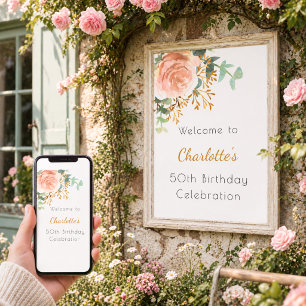 Rosa goldene florale Grünzeug-Geburtstagsfeier Wil Poster