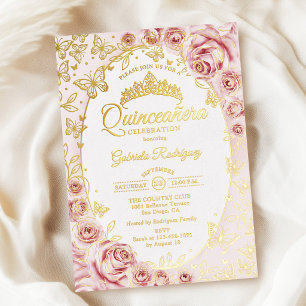 Rosa Goldene Florale Quinceanera Folieneinladung
