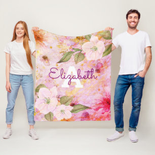 Rosa goldene florale Wasserfarbe-Monogramm-Name vi Fleecedecke
