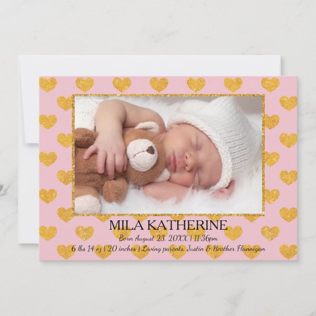 Rosa/goldene Glitzer Herz Foto - Geburtsankündigun Ankündigung (Vorderseite)