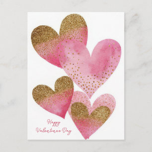 Rosa goldene Herzen Valentinstagskarte Postkarte