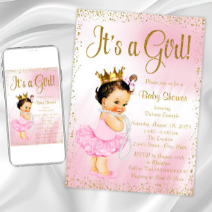 Rosa Goldene Kleine Ballerina Tutu Perlen Baby Sho Einladung