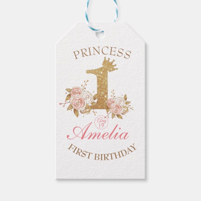 Rosa Goldene Kronprinzessin 1. Geburtstag Party Geschenkanhänger (Vorderseite)