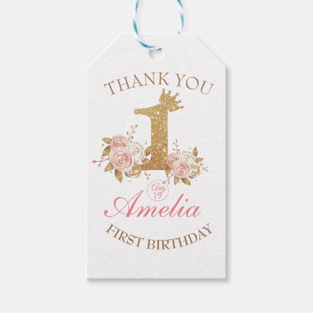 Rosa Goldene Kronprinzessin 1. Geburtstag Party Geschenkanhänger (Vorderseite)