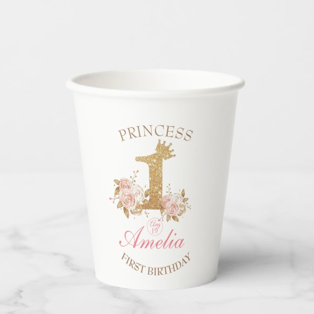 Rosa Goldene Kronprinzessin 1. Geburtstag Party Pappbecher (Vorderseite)