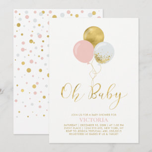 Rosa & Goldene Luftballons   Oh Baby Girl Baby Sho Einladung