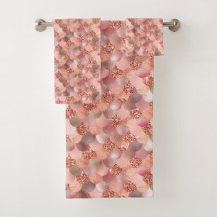 Rosa Goldene Meerjungfrau Schuppen Glitter Rosa Fo Badhandtuch Set