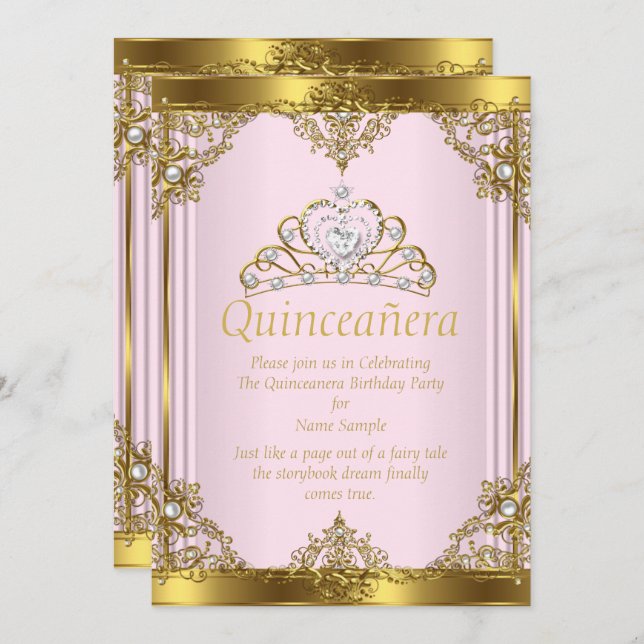 Rosa Goldene Perle Prinzessin Quinceanera 2 Einladung (Vorne/Hinten)