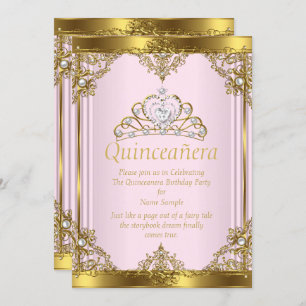 Rosa Goldene Perle Prinzessin Quinceanera 2 Einladung