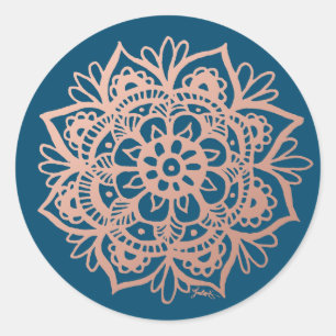 Rosa Goldene Pinke Mandala-Blume auf Navy Runder Aufkleber