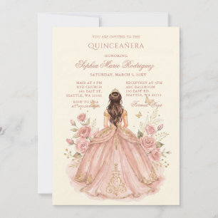 Rosa Goldene Prinzessin Florale Tiara Quinceañera Einladung
