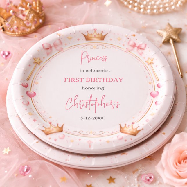 Rosa Goldene Prinzessinnenkrone Märchen 1. Geburts Pappteller (Pink Gold Princess Crown Fairytale 1st Birthday paper plate)