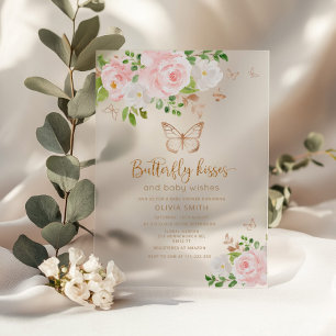 Rosa goldene Schmetterlingsküsse Baby-Party Acryleinladungen