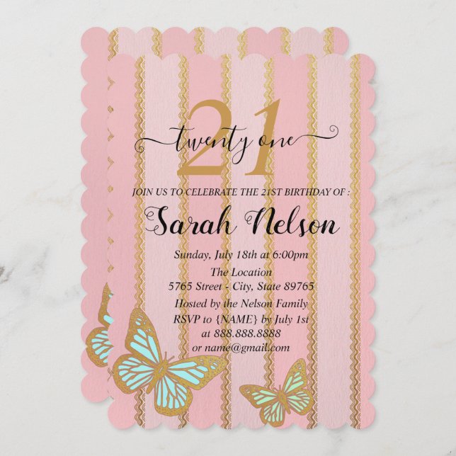 Rosa goldene Streifen und Schmetterling Einladung (Vorne/Hinten)