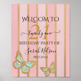 Rosa goldene Streifen und Schmetterling Poster