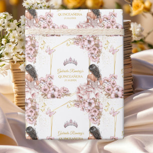 Rosa goldene Tiara Schmetterling Quinceañera Geschenkpapier