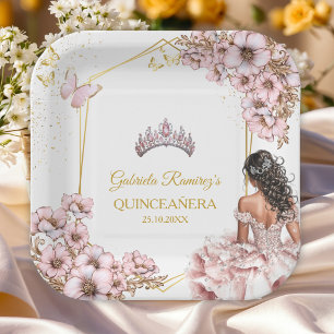 Rosa goldene Tiara Schmetterling Quinceañera Pappteller