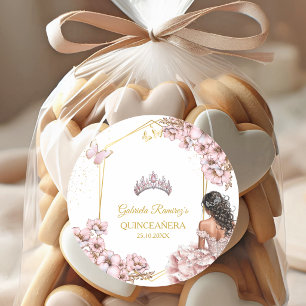 Rosa goldene Tiara Schmetterling Quinceañera Runder Aufkleber