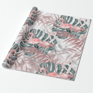 Rosa Goldene Tropische Flamingos Blätter & Marmor- Geschenkpapier