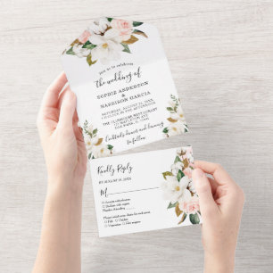 Rosa-goldene und weiße Magnolien-Hochzeit All In One Einladung