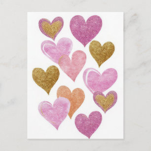Rosa goldene Valentinstagskarte mit Herzen Postkarte