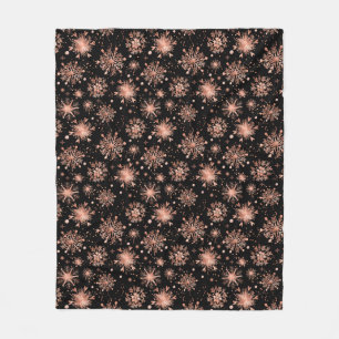 Rosa Goldene Winter-Schneeflocken auf Schwarz Fleecedecke