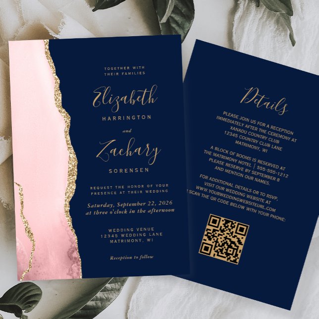 Rosa-goldener Achat-Navyblauer QR-Code-Hochzeit Einladung (Von Creator hochgeladen)