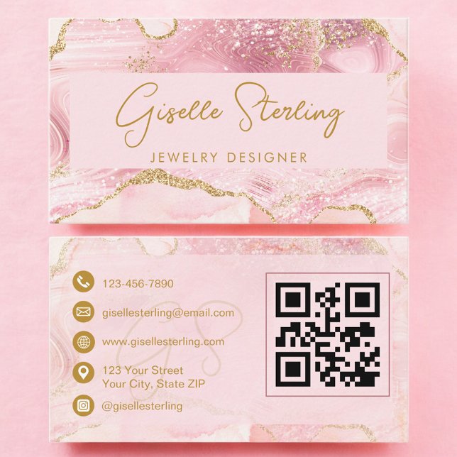 Rosa Goldener Achat QR-Code Schmuckdesigner  Visitenkarte (Von Creator hochgeladen)