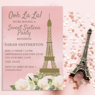 Rosa Goldener Eiffelturm Weiße Florale Sweet 16 Einladung