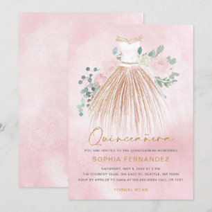 Rosa goldener Glitzer Blumenkleid Quinceañera Einladung