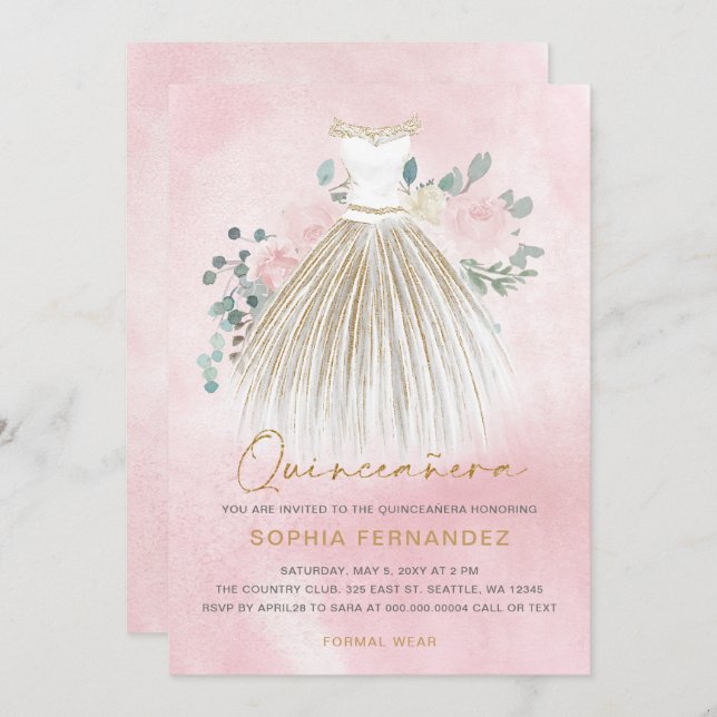 Rosa goldener Glitzer Blumenkleid Quinceañera Einladung (Vorne/Hinten)