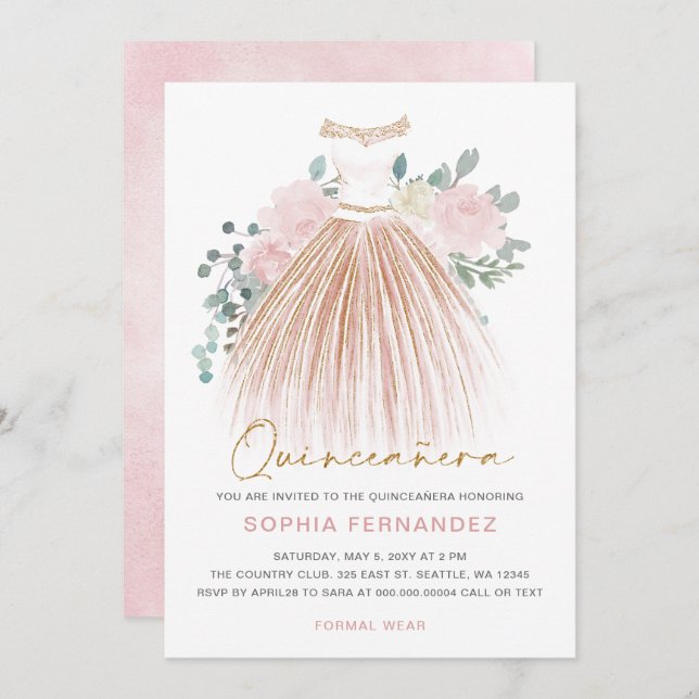 Rosa goldener Glitzer Blumenkleid Quinceañera Einladung (Vorne/Hinten)