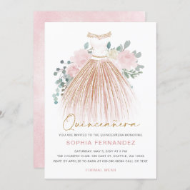 Rosa goldener Glitzer Blumenkleid Quinceañera Einladung
