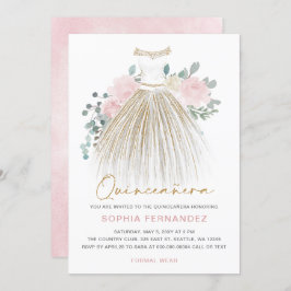 Rosa goldener Glitzer Blumenkleid Quinceañera Einladung