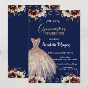 Rosa goldenes Kleid Blumen marineblau Quinceañera Einladung