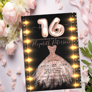 Rosa Goldenes Kleid Konfetti Lichter Sweet 16 Einladung