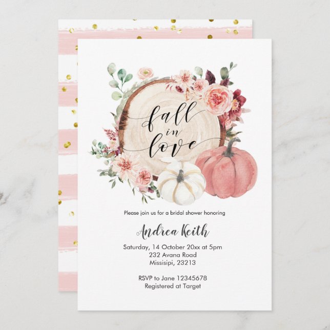 Rosa Goldfall in Liebe Kürbiskürbis Brautparty ein Einladung (Vorne/Hinten)