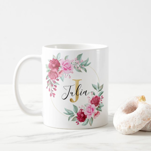 Rosa Goldfarben Bläsermonogramm J Kaffeetasse (Mit Donut)