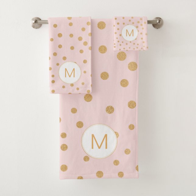 Rosa goldfarbene dot monogram Badezimmer Badhandtuch Set (Insitu)