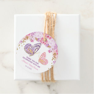 Rosa goldfarbene lila Blüte Butterfly Babydusche Geschenkanhänger