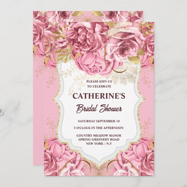 Rosa goldfarbene Rose Blume tropisches Party Einladung (Vorne/Hinten)