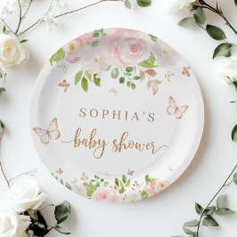 Rosa, goldfarbene Schmetterlinge Babydusche Pappteller