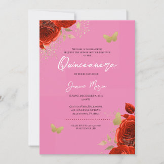 Rosa goldfarbener Schmetterling Elegantes Quinceañ Einladung