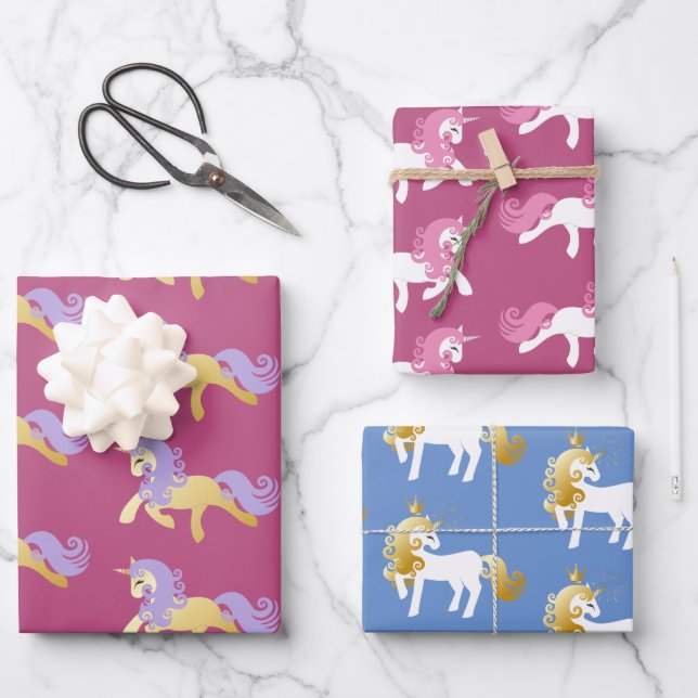 Rosa-goldfarbenes Lila Einhorn Geschenkpapier Set (Vorderseite)