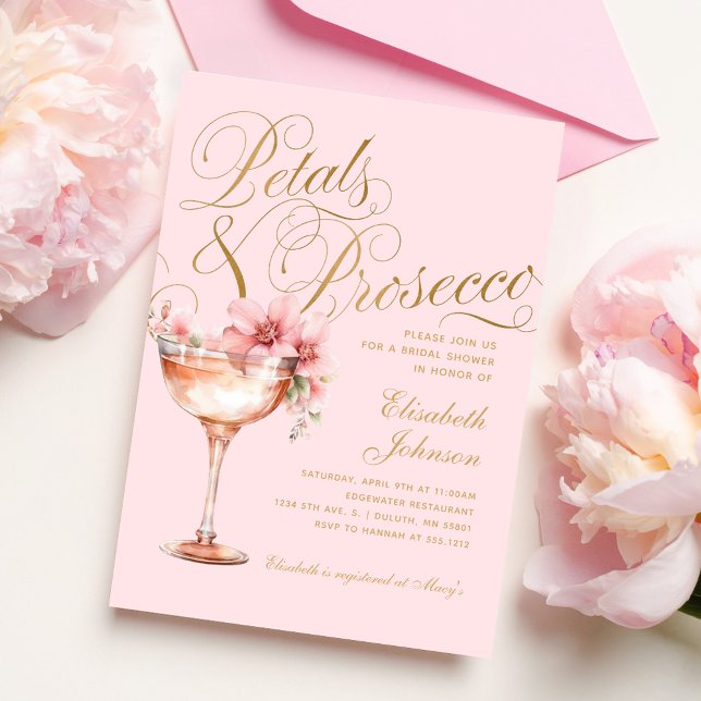 Rosa Goldfloralen-Petalen und Prosecco-Brautparty Einladung (Von Creator hochgeladen)
