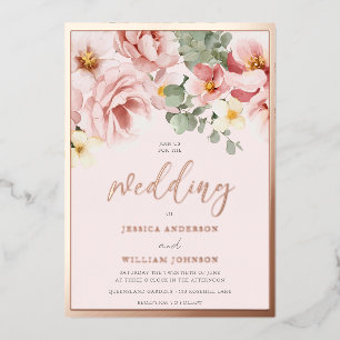 Rosa Goldfolie-Rand Dusty Rose Florale Hochzeit Folieneinladung