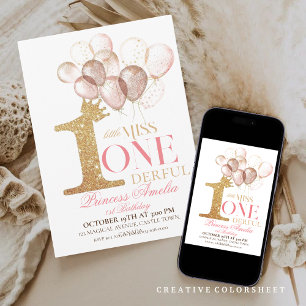 Rosa Goldkronenballons 1. Geburtstag Einladung