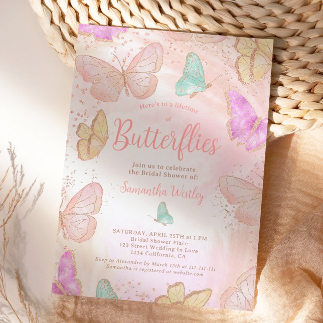 Rosa Goldlebensdauer des Brautparty der Schmetterl Einladung (Gold pink Lifetime of butterflies bridal shower Invitation)
